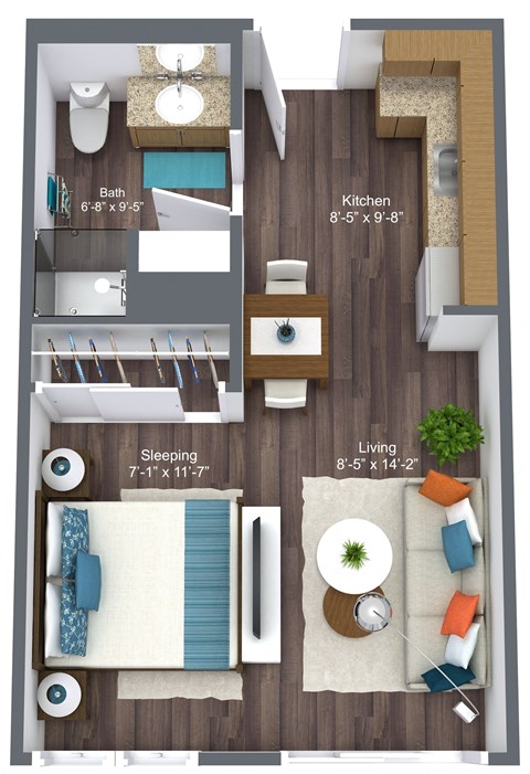 Floor plan for studio, 1 bath, 400 sqft